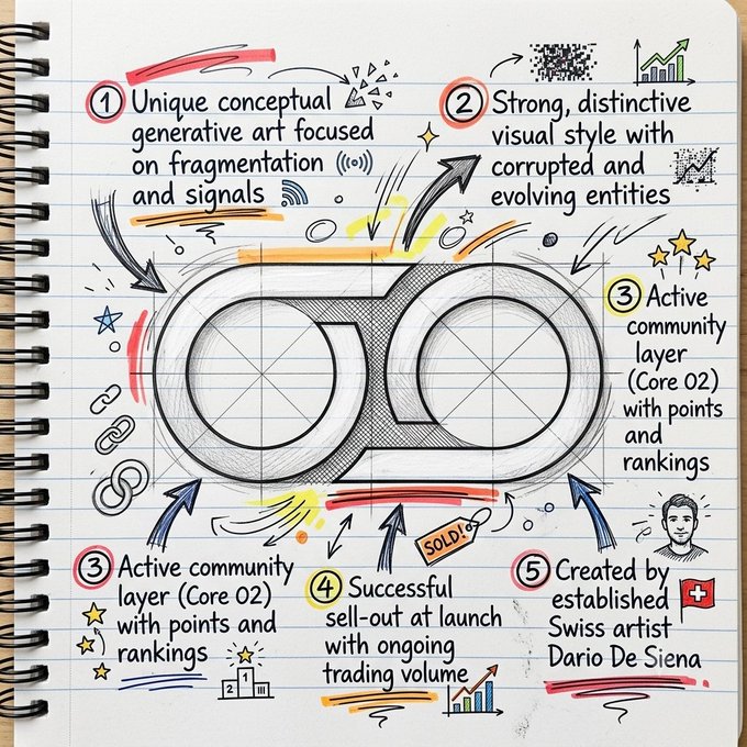 A hand-drawn spiral notebook infographic outlines five key points about the project, including "Unique conceptual generative art focused on fragmentation and signals" and "Created by established Swiss artist Dario De Siena," centered around an infinity-loop "CO2" logo with a "SOLD!" tag. The sketch visually echoes the post's theme of "noise becomes signal," transforming chaotic scribbles, arrows, and QR codes into a clear structured summary.