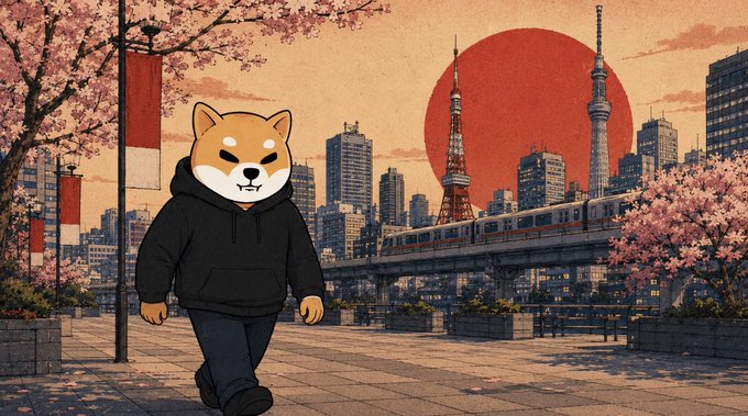 An anthropomorphic Shiba Inu wearing a black hoodie walks through a Tokyo street at sunset, with Tokyo Tower, cherry blossoms, and a Japanese flag visible against a striking red sun. The image ties to the $SHIB cryptocurrency's milestone of being supported by Nomura-backed Laser Digital Japan, celebrating the token's expanding global presence with "Congratulations, SHIBARMY."