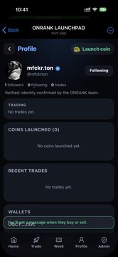 A mobile screenshot showing the OnRank Launchpad profile page for user "mfcktron" with 1 follower, 0 following, and 0 likes, featuring empty sections for coins launched, recent trades, and wallets. The image supports the promotional post by highlighting a new profile on the OnRank platform with no activity yet, emphasizing the call to follow and engage.