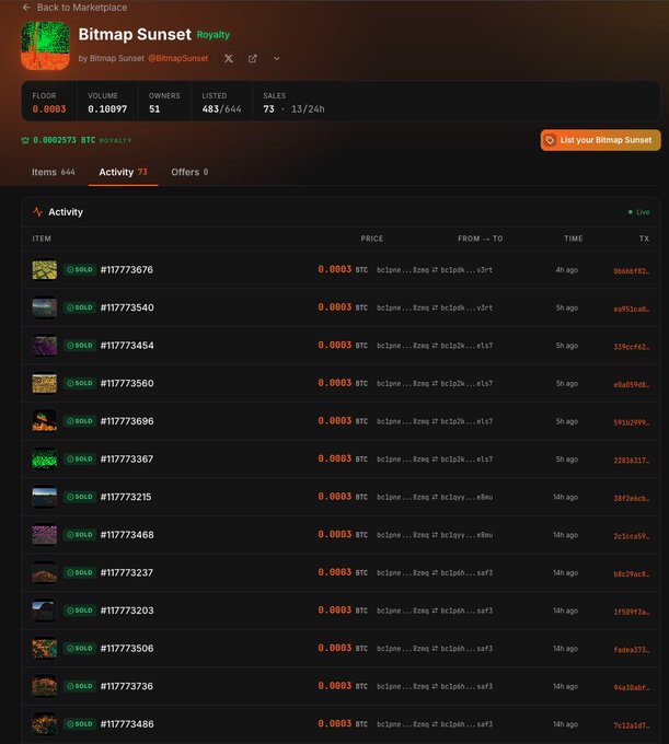 A screenshot of a Bitcoin Ordinals marketplace displays the activity feed for the 'Bitmap Sunset' collection by @BitmapSunset, showing sales with a floor price of 0.0003 BTC.
