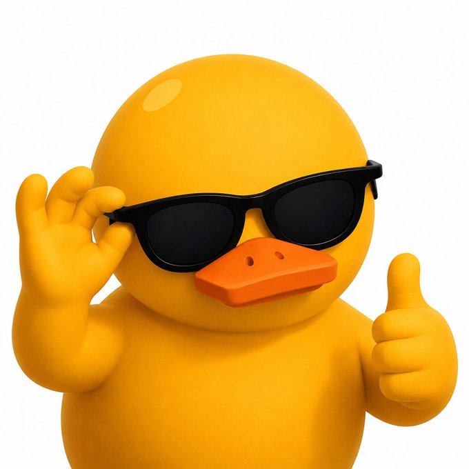 A 3D-rendered yellow rubber duck wearing black sunglasses and giving a thumbs-up gesture.