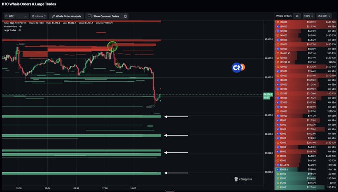 A BTC Whale Orders & Large Trades chart displays significant buy orders stacked below the current price of $88,148.03, with highlighted red arrows indicating substantial support levels at approximately $85,000, $83,000, and extending down toward $80,000, visually supporting the claim that whales are positioning aggressive buy orders to capitalize on potential dips.