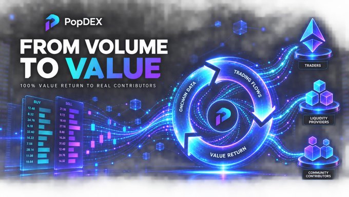 Promotional graphic for PopDEX with the text 'FROM VOLUME TO VALUE' and '100% VALUE RETURN TO REAL CONTRIBUTORS,' featuring a glowing blue circular flow diagram connecting traders, liquidity providers, and community contributors.