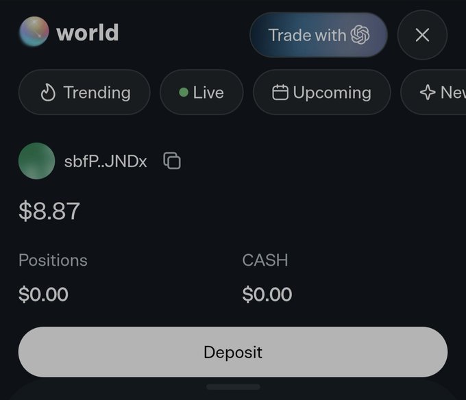 The screenshot displays the "world" trading app showing a user account (sbfP..JNDx) with $8.87 total ($0.00 positions and $0.00 cash), supporting the complaint about wasting time waiting for a SOL deposit to process. The visible $0.00 cash balance and "Deposit" button suggest the user may have just been able to trade after the lengthy delay described.