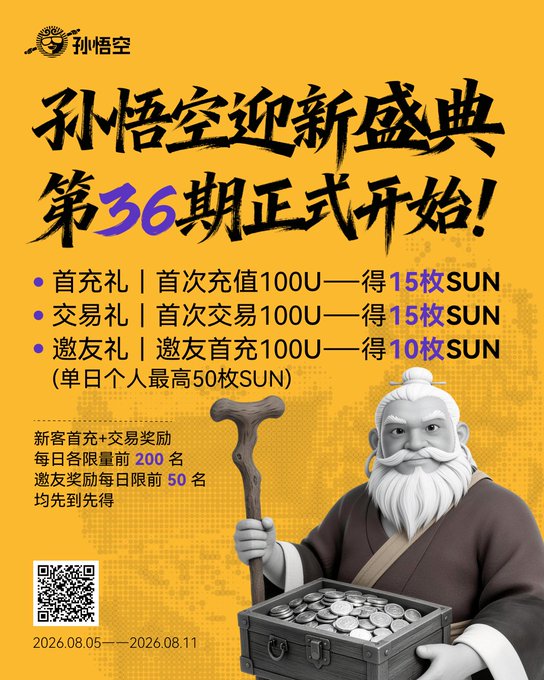 A yellow promotional poster in Chinese for '孙悟空' (Sun Wukong) announcing '第36期正式开始!' (36th period officially begins!) with reward details and a date range of 2026.08.05 to 2026.08.11, featuring a 3D character of an elderly bearded man holding a staff.