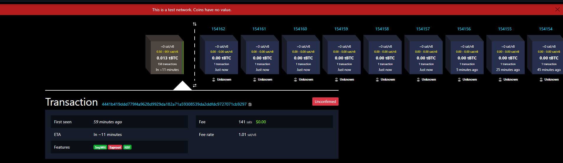 A Bitcoin test network transaction explorer interface shows blocks numbered 154154 through 154162 with zero-value tBTC transactions and an "Unconfirmed" transaction card below.