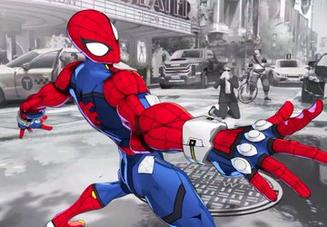 A dynamic cel-shaded illustration of Spider-Man in his classic red and blue suit crouched in a battle-ready pose on a city street, with bystanders and a manhole cover visible behind him. The image appears unrelated to the mention of Magik, showing only Spider-Man rather than any X-Men characters.