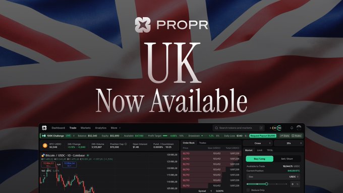 A promotional banner for PROPR showing 'UK Now Available' over a British Union Jack flag background, with a trading dashboard screenshot at the bottom displaying BTC/USDC and Bitcoin market data.