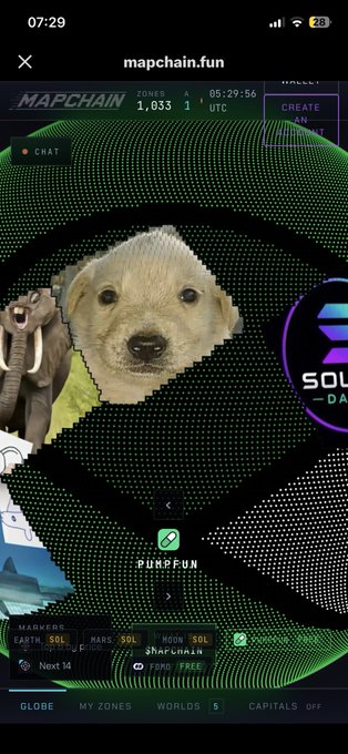 A screenshot of the mapchain.fun app showing a 3D map with a puppy wearing a green shirt, alongside a mammoth image, with various token markers (SOL, MOON, etc.) and a PUMPFUN logo.