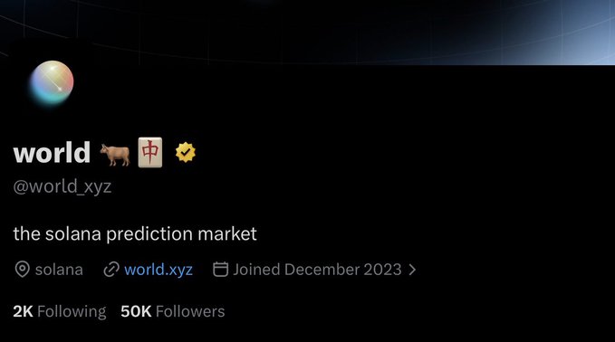 The image shows a Twitter/X profile for "world" (@world.xyz) describing itself as "the solana prediction market," with 50K followers and a December 2023 join date. The accompanying post appears to be promotional content referencing the account's tagline and joking that the platform deserves "8.3B followers" (roughly the world's population) as a tie-in to its name "world."