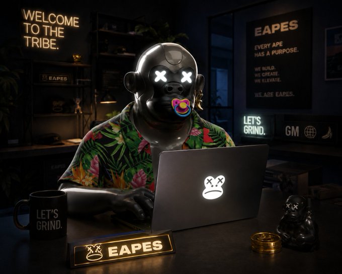 A dark, neon-lit 3D rendering of a glossy black ape character wearing a Hawaiian shirt and pacifier, working on a laptop displaying the 'EAPES' logo. The scene includes merchandise like a 'LET'S GRIND' mug, a gold coin, and signs reading 'WELCOME TO THE TRIBE' and 'EAPES EVERY APE HAS A PURPOSE. WE BUILD. WE CREATE. WE ELEVATE. WE ARE EAPES.'