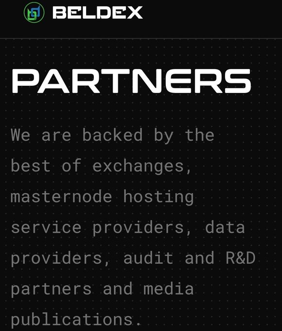 The image shows a "PARTNERS" section from Beldex, stating "We are backed by the best of exchanges, masternode hosting service providers, data providers, audit and R&D partners and media publications," which supports the post's emphasis on building a strong privacy ecosystem through strategic partnerships across exchanges, infrastructure, and Web3.