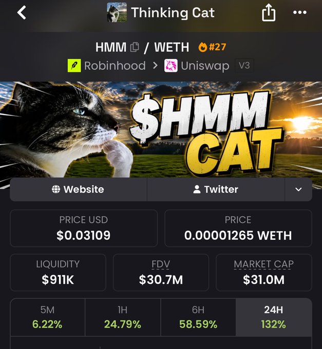 A screenshot of a cryptocurrency tracker showing "Thinking Cat" (HMM/WETH, ranked #27) with a market cap of $31.0M and a striking 132% gain over 24 hours, fittingly supporting the post's bullish "$HMM to 100M" sentiment.