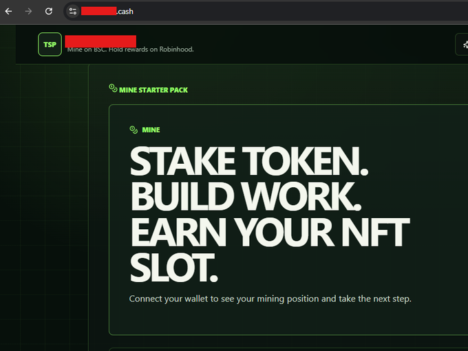 A dark green website screenshot for a crypto mining service with text 'STAKE TOKEN. BUILD WORK. EARN YOUR NFT SLOT.' and instructions to connect your wallet.