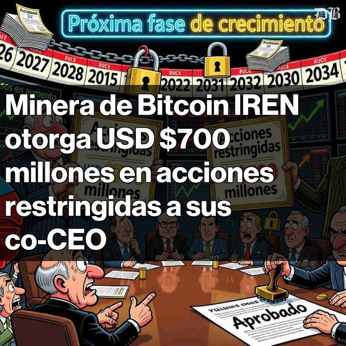 A Spanish-language graphic with the headline 'Minera de Bitcoin IREN otorga USD $700 millones en acciones restringidas a sus co-CEO' over an illustrated boardroom scene with executives and the text 'Próxima fase de crecimiento.'