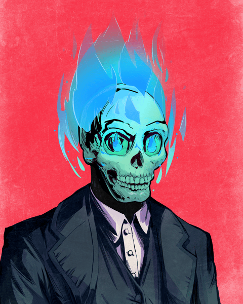A stylized illustration of a figure with a green skull face and bright blue flame-like hair, wearing a dark suit against a red background.