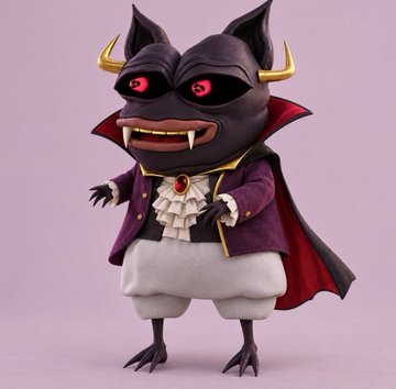 A whimsical figurine of a bat-like creature dressed in a purple and red vampire cape with a ruffled cravat stands against a soft pink background.