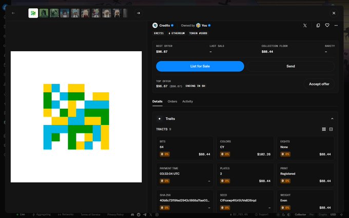 An NFT marketplace interface showing a pixelated blue, green, and yellow artwork titled "Credits" (TOKEN #9989) with a best offer of $90.67, collection floor of $88.44, and traits including bites 64 and color CY.