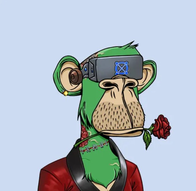 A digital illustration depicts a green monkey in a red suit with stitched scars, wearing a VR headset and holding a red rose in its mouth.