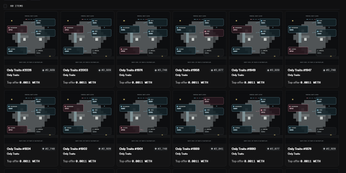 The image displays a grid of 60 dark-themed NFT cards titled "ONLY TRAITS," each labeled with a unique trait number (e.g., #508, #5003, #1614) and ETH price ranging from ~0.0011 to ~0.0017, with various trait categories like "BASE," "SKIN," "CLOTHING," and "OUTFIT" visible in colored blocks. The accompanying post announces the PULSE ANCHOR × ONLY TRAITS partnership, showcasing this 60-piece collection as the newly acquired vault of Only Traits NFTs being shared between communities.