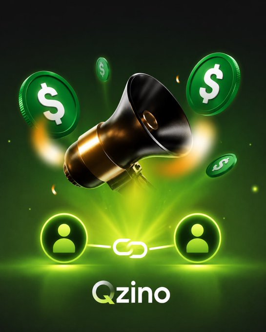 A megaphone blaring dollar coins sits above two user icons linked by a chain, symbolizing referral connections and earnings, with "Qzino" displayed beneath to promote the affiliate program mentioned in the post.