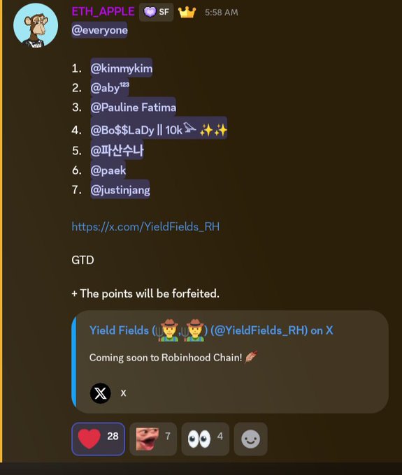 Discord message from 'ETH_APPLE' tagging @everyone with a numbered list of seven usernames, a Twitter/X link to YieldFields_RH, and a preview mentioning 'Coming soon to Robinhood Chain!'.