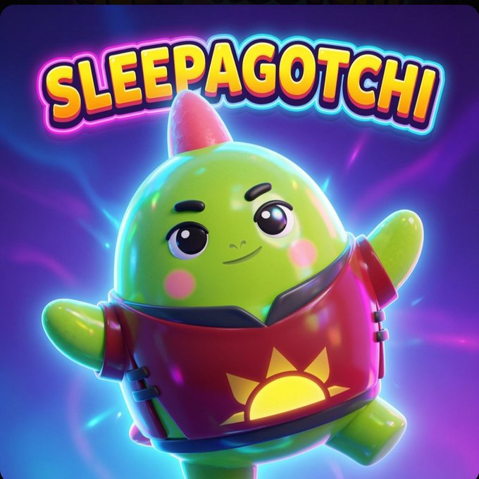 A vibrant digital illustration of a cute green creature in a red jacket with a yellow sun emblem, labeled 'SLEEPAGOTCHI' in glowing stylized text against a purple and blue background.