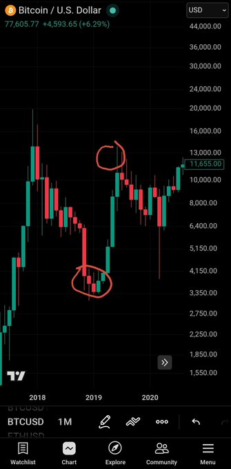 A candlestick chart of Bitcoin/USD (BTCUSD) on TradingView from 2018-2020, showing the price rising from around $3,350 to $11,655 (currently up 6.29% at $11,655.00), with hand-drawn red circles highlighting key monthly candles including the sharp rally from ~$3,350 to nearly $14,000 in mid-2019. The chart visually echoes the post's observation of three massive green monthly candles that drove BTC from $3K toward $14K, which the poster compares to a potential future move into the $90K-$100K range.