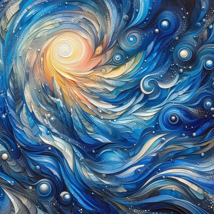 A swirling abstract painting with a bright orange and yellow center surrounded by deep blue waves and circular patterns, resembling a stylized ocean or galaxy.