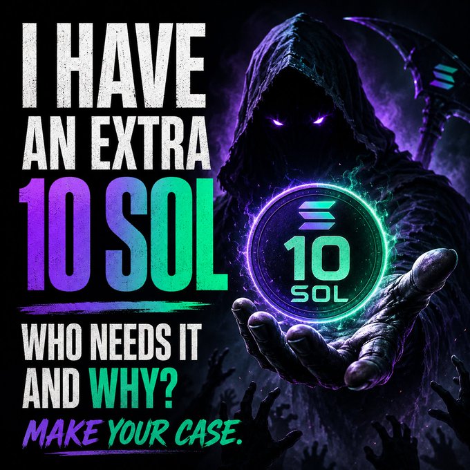 The image features a poster with a purple background, green text, and a black figure holding up a coin that says "10 Sol" above their head. The poster also includes a question asking who needs 10 Sol and why they need it.