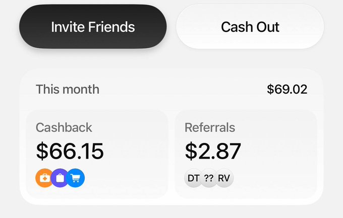 The image shows a screenshot of an app called CashOut that displays information about a cashout transaction. The app has two sections: one for the cashout process and another for the cashback rewards. The cashout section provides details on the transaction, including the amount of money being sent out and the recipient's address. The cashback section shows the total amount of money received from the cashout, along with a list of the referred friends who have received the cashback reward.
