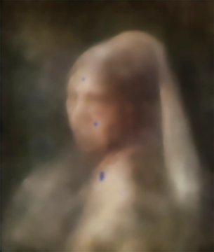 A blurry, out-of-focus image resembling a Renaissance-style portrait of a veiled figure, with several small blue dots overlaid on the face and veil.