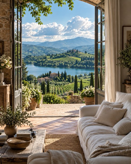 A serene Mediterranean-style living room opens through large French doors onto a picturesque view of rolling hills, vineyards, a lake, and distant mountains under a partly cloudy sky, furnished with a cream sofa and rustic wooden coffee table.