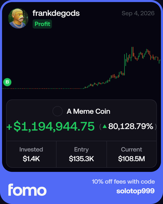 The image depicts a Fomo app portfolio screenshot showing user "frankdegods" with a "Profit" badge on "A Meme Coin," reporting a gain of +$1,194,944.75 (80,128.79%) on a $1.4K investment with a current value of $108.5M, dated Sep 4, 2026. It illustrates the speculative hype around the "$MEME" token referenced in the post, which highlights the controversy between Robinhood's tokenization of stocks like AMC and CEO Adam Aron's public opposition to the move.