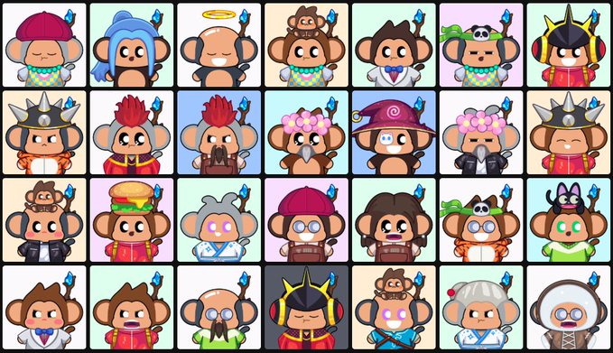 A grid of 28 cartoon monkey characters with various accessories, costumes, and expressions, appearing to be NFT collectibles.
