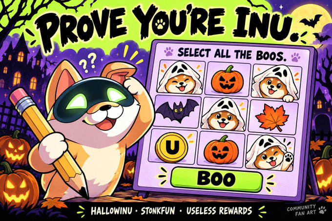 A Halloween-themed digital artwork featuring a Shiba Inu dog with glowing eyes, captioned "PROVE YOU'RE INU," "HALLOWINU • STONKFUN • USELESS REWARDS," and "COMMUNITY FAN ART," showing a CAPTCHA grid asking to "SELECT ALL THE BOOS."