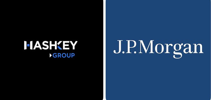A split-screen image showing the HashKey Group logo on a black background on the left and the J.P. Morgan logo on a blue background on the right, suggesting a partnership or collaboration between the two firms.