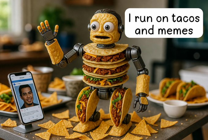 A whimsical AI-generated image of a robot made of stacked tacos and a tortilla face, with a speech bubble saying 'I run on tacos and memes', standing next to a phone displaying a dating app profile.