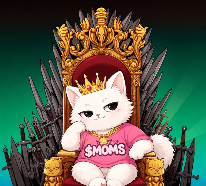 Digital illustration of a white cat wearing a gold crown and pink '$MOMS' shirt, sitting on an ornate golden throne surrounded by swords, with two small cat figures at the base.
