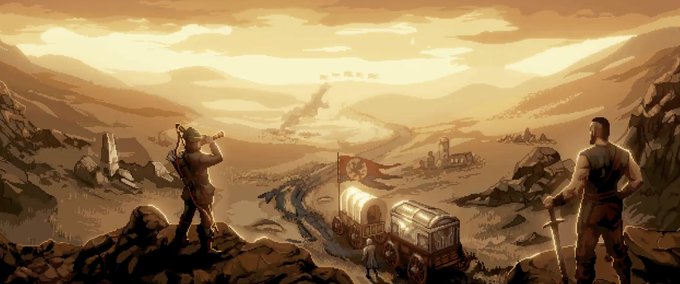 Fantasy-style illustration of two warriors overlooking a vast landscape with a covered wagon caravan traveling along a path toward a distant castle at sunset.