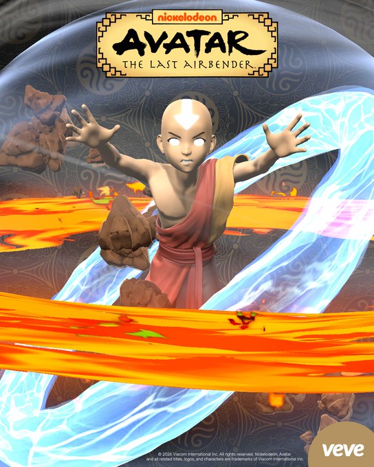 Promotional artwork for 'Avatar: The Last Airbender' on the Veve platform, depicting the young bald character Aang manipulating streams of fire, water, and earth.