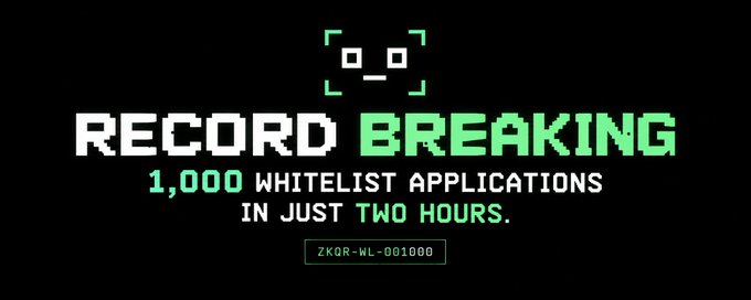 A digital graphic with pixel-art styling announcing 'RECORD BREAKING 1,000 WHITELIST APPLICATIONS IN JUST TWO HOURS' with a small robot icon and the code 'ZKQR-WL-001000'.