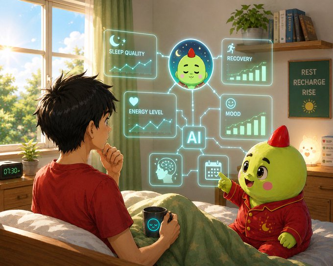 An anime-style illustration of a young boy in bed looking at a holographic AI dashboard displaying 'SLEEP QUALITY,' 'RECOVERY,' 'ENERGY LEVEL,' and 'MOOD,' while a green character in red pajamas points to the display.