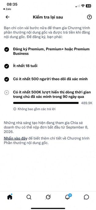 A Zalo app screenshot showing a 'Kiểm tra lại sau' (Check back later) eligibility page for a reward program, listing requirements including Premium subscription, 18+ age, 500 followers, and 500K impressions in 90 days.