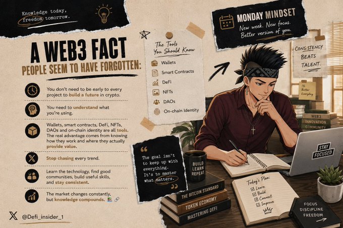 An infographic titled "A WEB3 FACT PEOPLE SEEM TO HAVE FORGOTTEN" with the handle "@Defi_insider_1", featuring an illustrated character at a desk and listing Web3 tools (Wallets, Smart Contracts, DeFi, NFTs, DAOs, On-chain identity) alongside motivational quotes.