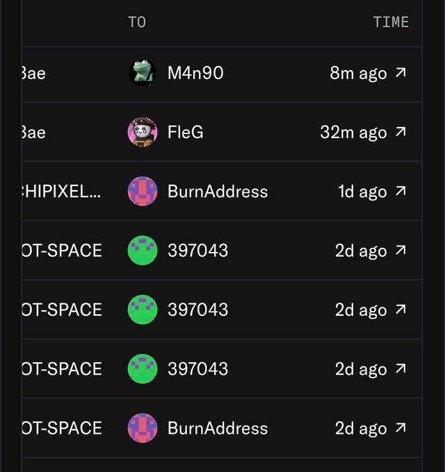 A list of recent transactions or transfers showing usernames like M4n90, FleG, BurnAddress, and multiple entries to 397043 from addresses like "CHIPIXEL" and "OT-SPACE", with timestamps ranging from 8 minutes to 2 days ago.