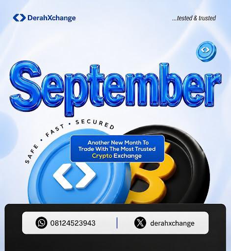Promotional graphic for DerahXchange crypto exchange featuring a 3D 'September' text and contact details (WhatsApp: 08124523943, X: @derahxchange).