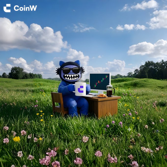 A blue CoinW mascot wearing sunglasses sits at a wooden desk in a sunny flower-filled meadow, holding a CoinW-branded mug while a computer monitor displays an upward green trading chart — perfectly matching the cheerful "GM" (good morning) vibe with its bright, optimistic crypto-trading energy.