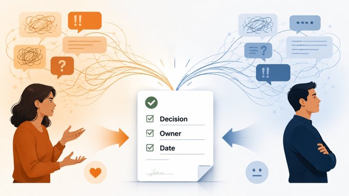 An infographic showing two people (a woman in orange and a man in blue) with chaotic thought bubbles being resolved into a clear document listing 'Decision, Owner, Date' with checkmarks.
