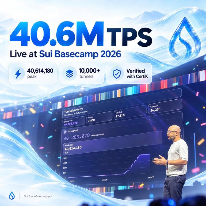 A presentation slide highlights "40.6M TPS Live at Sui Basecamp 2026," with stats showing 40,614,180 peak TPS, 10,000+ tunnels, verified by Certik, and a tunnel activity dashboard.